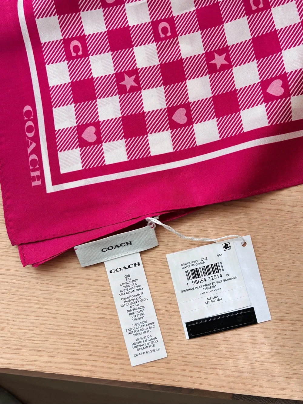 NWT💕Coach Pink Gingham Play Printed Silk Bandana Square Scarf Gift Bag Accessory